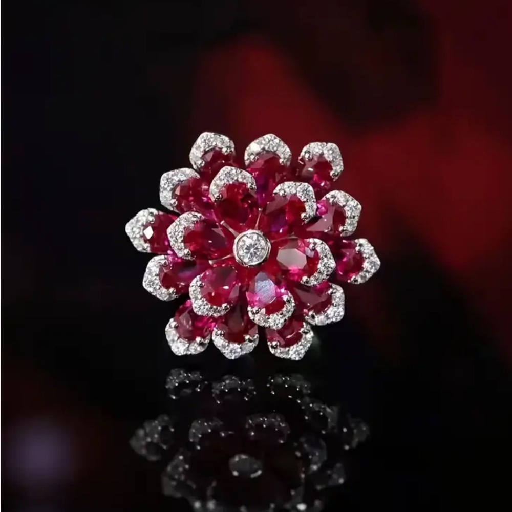 Red Adjustable Floral Zircon Inlaid Ring